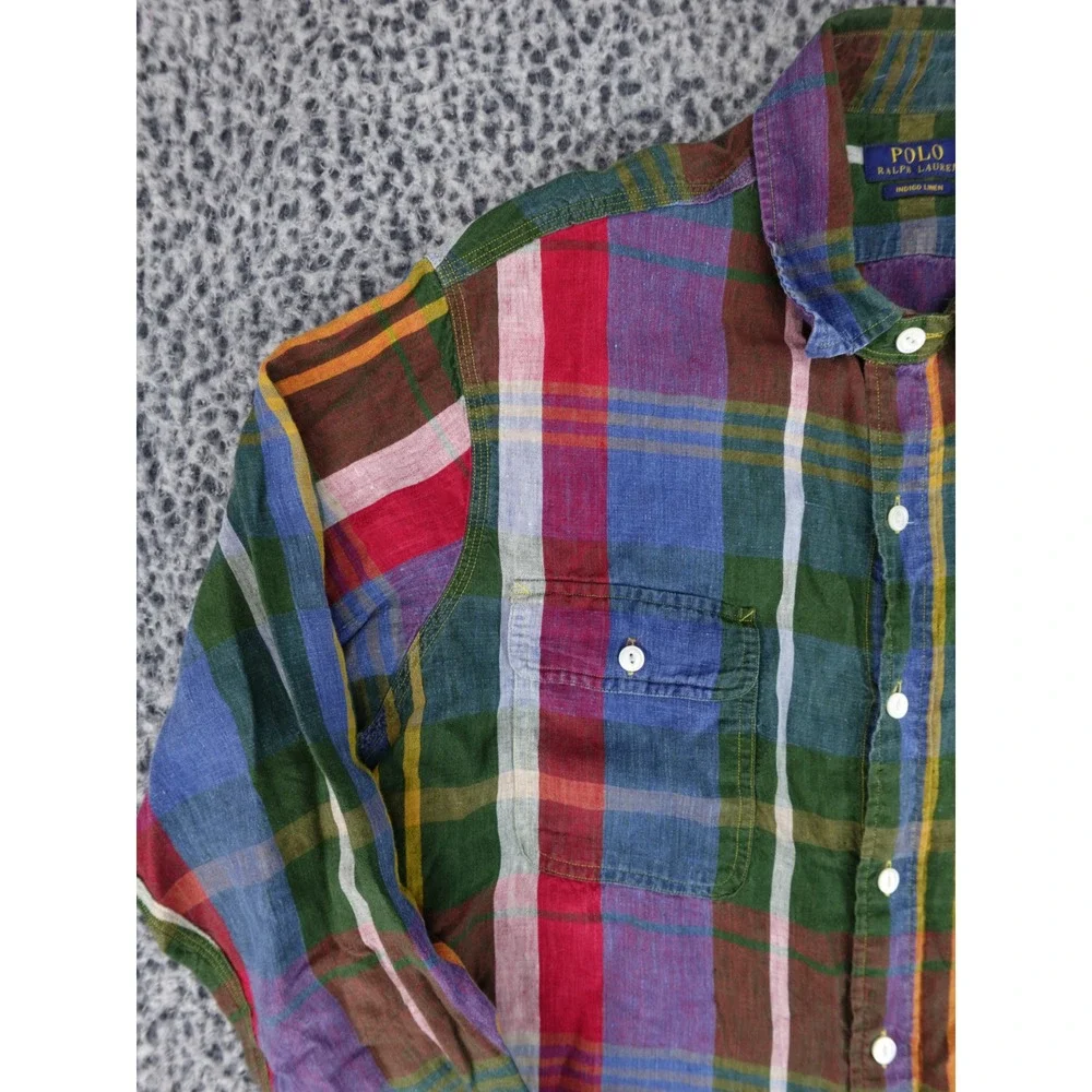 Polo Ralph Lauren Mens XL Multicolor Plaid Indigo Linen Long Sleeve Button Shirt